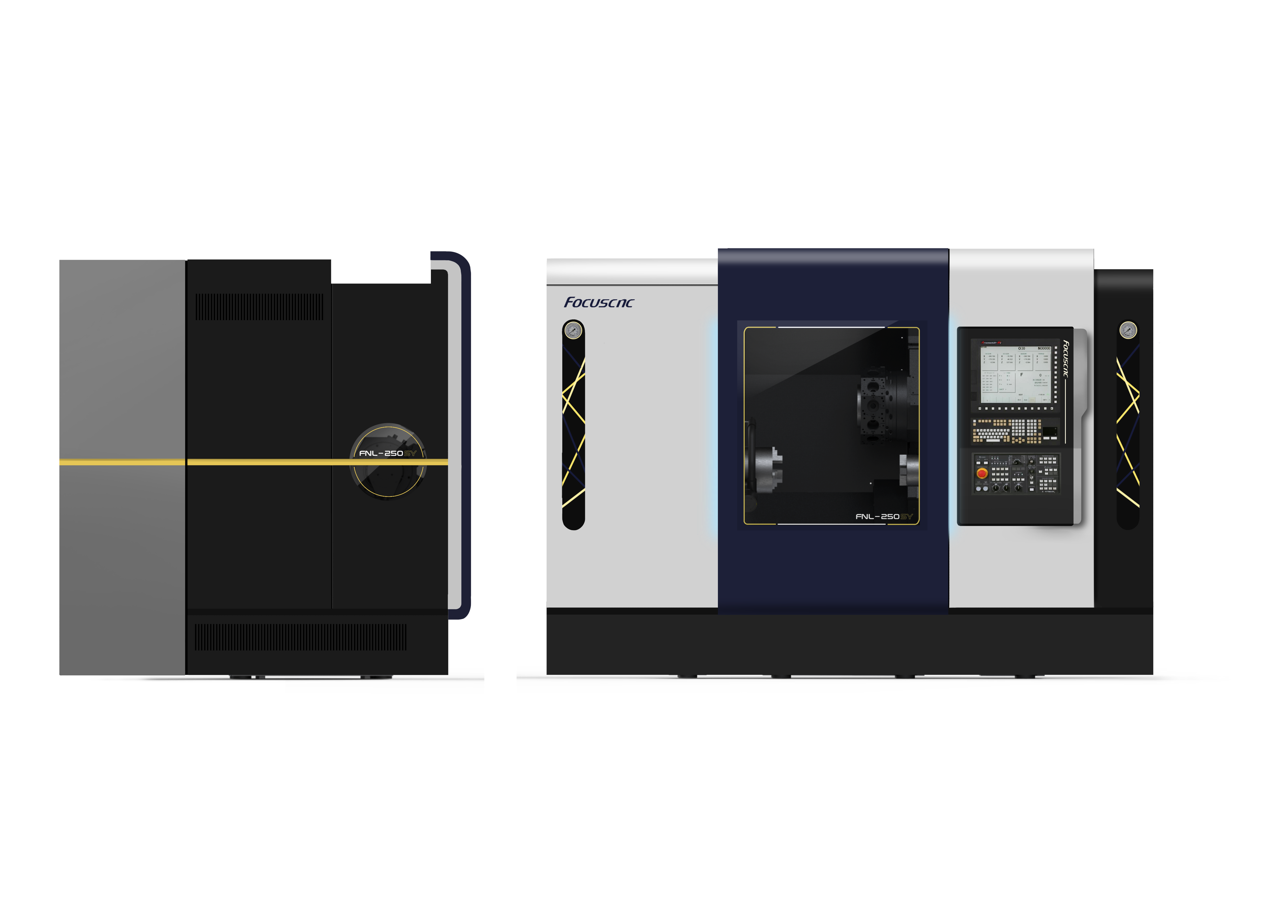 福碩科技 FBL-320SY 車銑複合機設計 - 俐落線條與非對稱幾何造型提案 - 形碩板金設計 - 應用 LED 狀態矩陣與科技感語彙之工具機外觀演繹 - CNC 工具機品牌家族化視覺系統開發 - 福碩科技獅頭標誌飾板設計