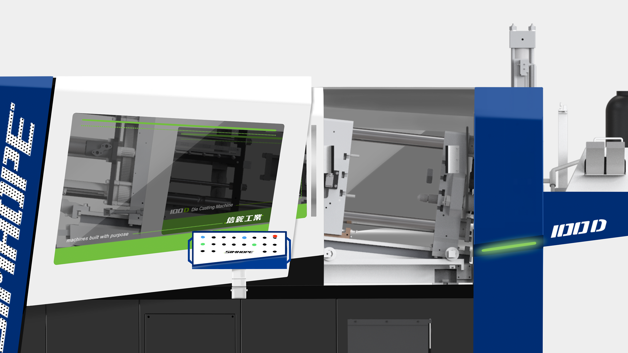 壓鑄機工業設計-重型機械板金研發-熱室鋅合金壓鑄機-信鋐工業-鷗翼門機構設計-板金設計公司-DFM可製造性設計-形碩板金設計-工業設備人機介面