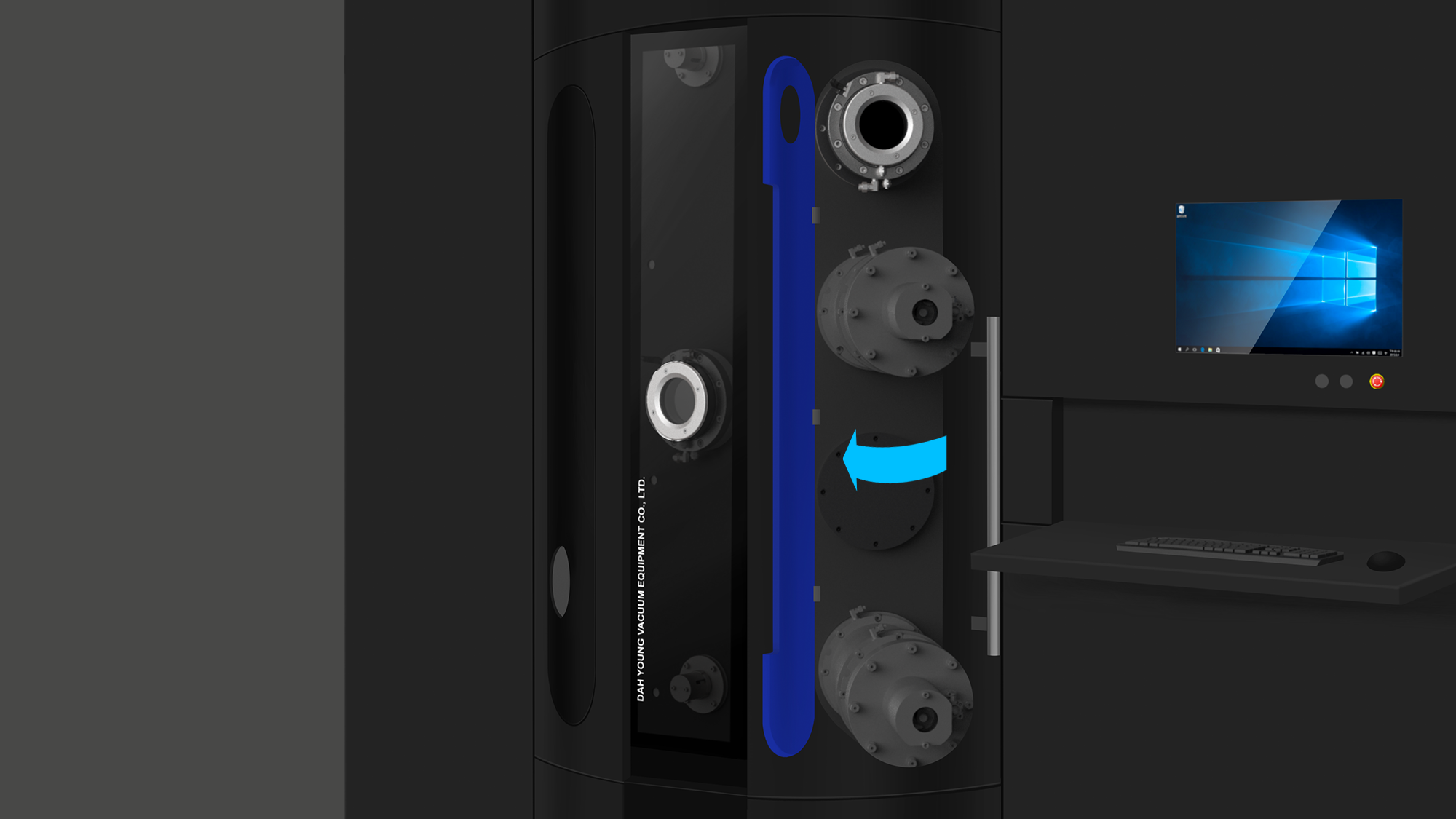 真空鍍膜機設計-大永真空DAHYOUNG高階DLC設備優化 複合門蓋板金機構設計-腔體大門整合小門開發實務 形碩板金設計-真空鍍膜設備品牌家族化識別設計 高階工業設備3D工程模擬-板金平整度與散熱孔規劃