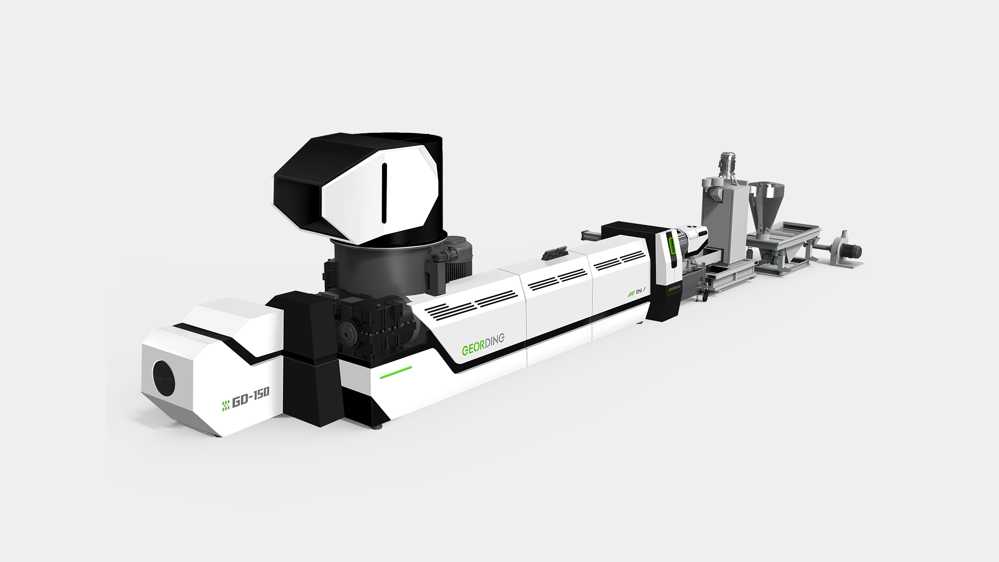 塑料回收機設計-久鼎機械GD-350三機一體外觀優化 重型料管蓋輕量化手掀機構設計-形碩板金設計 循環經濟設備品牌識別設計-像素燈號與方形散熱孔 形碩設計-高階造粒機板金DFM開發實務