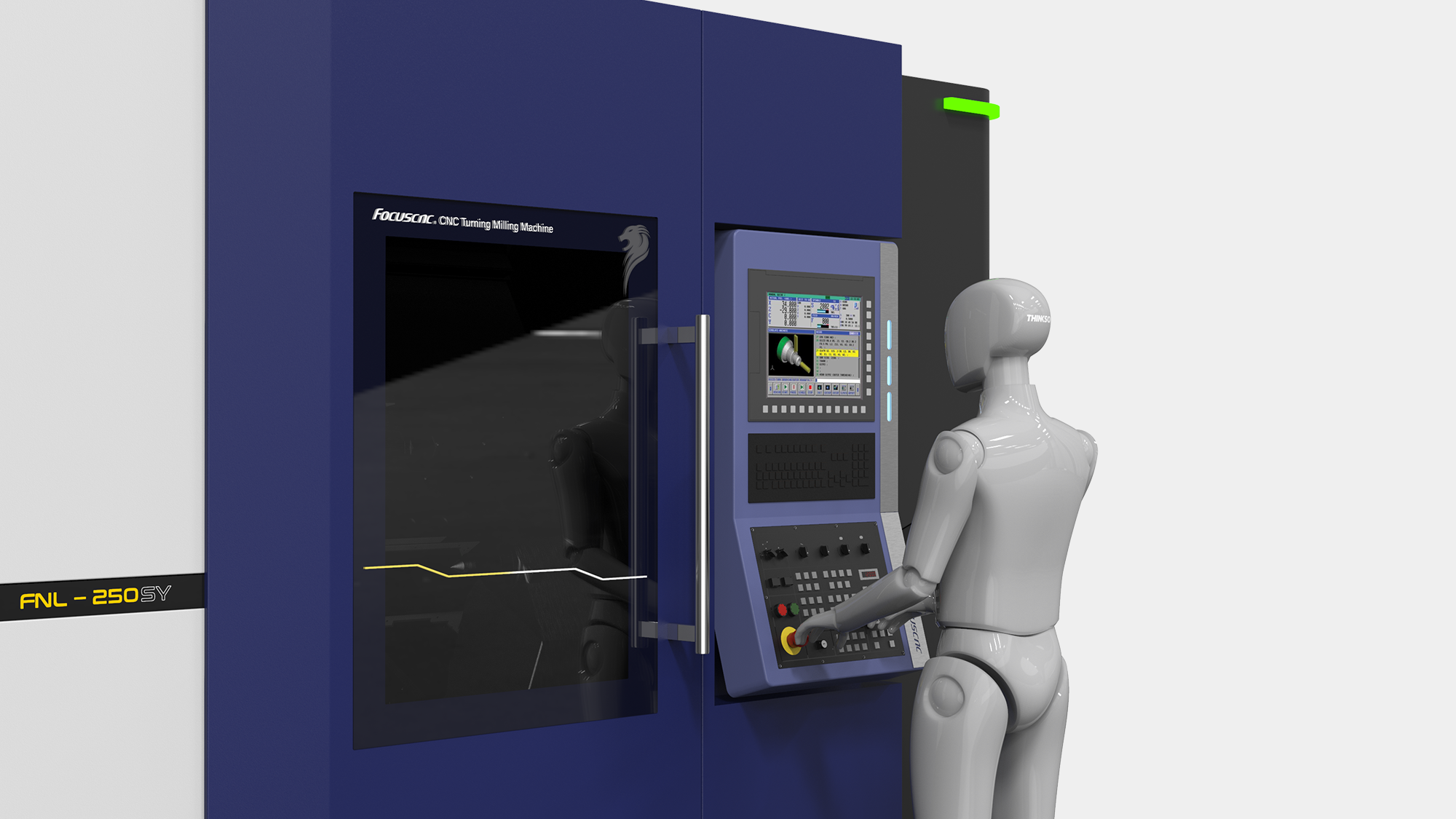 福碩科技 FBL-320SY 車銑複合機設計 - 俐落線條與非對稱幾何造型提案 - 形碩板金設計 - 應用 LED 狀態矩陣與科技感語彙之工具機外觀演繹 - CNC 工具機品牌家族化視覺系統開發 - 福碩科技獅頭標誌飾板設計