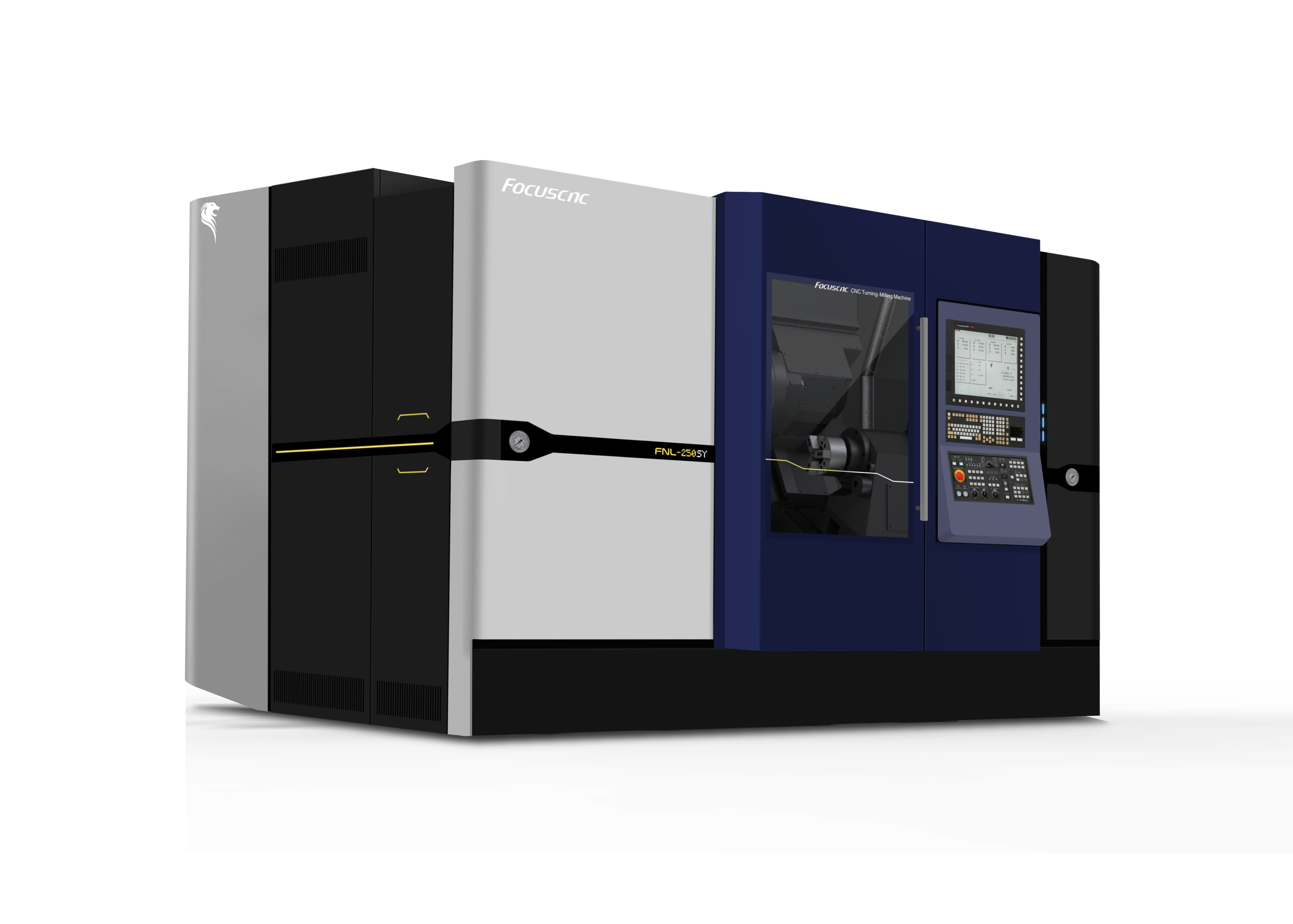 福碩科技FBL-320SY車銑複合機設計 - 俐落線條與非對稱幾何造型提案 - 形碩板金設計 - 應用 LED 狀態矩陣與科技感語彙之工具機外觀演繹 - CNC 工具機品牌家族化視覺系統開發 - 福碩科技獅頭標誌飾板設計