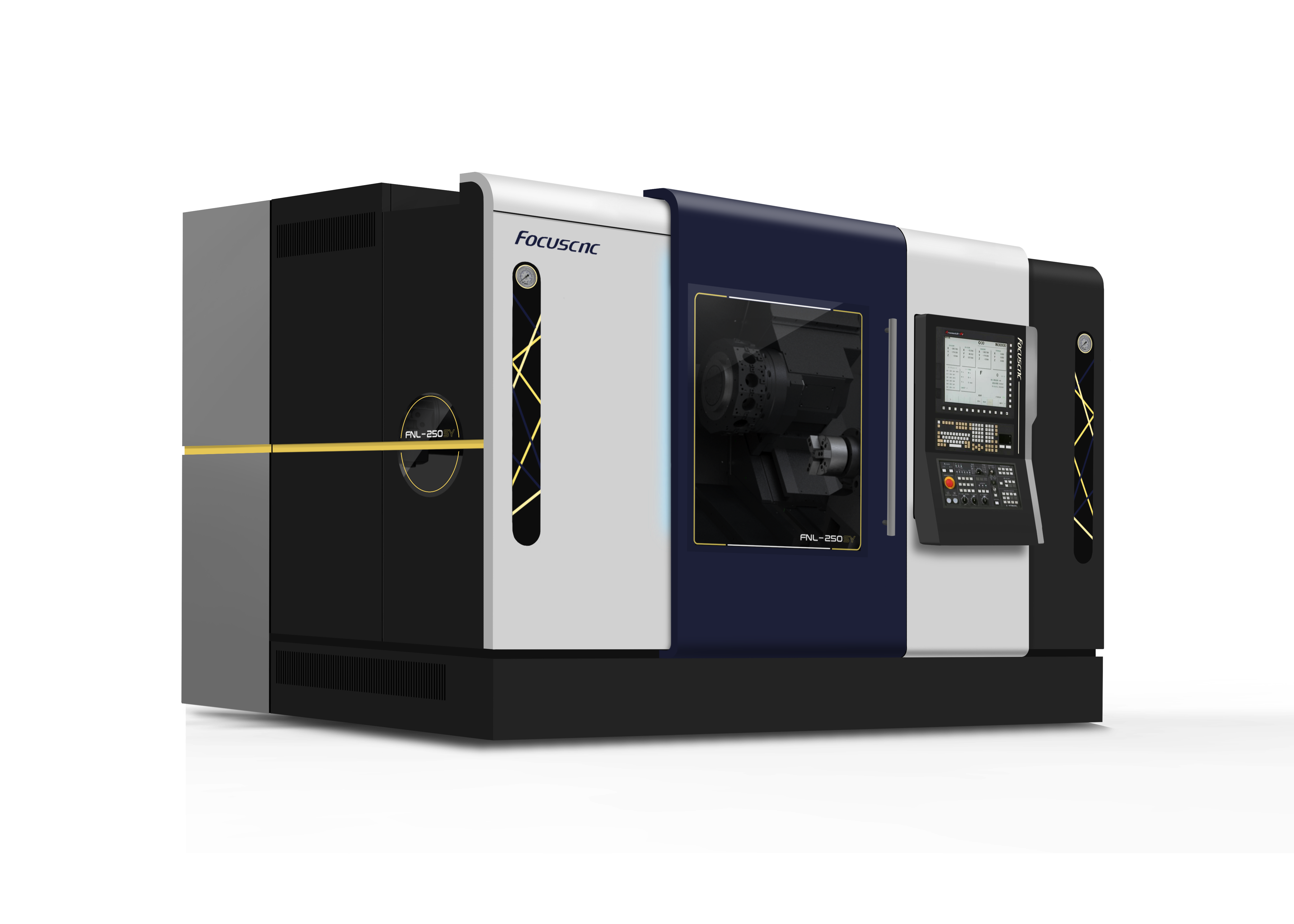 福碩科技 FBL-320SY 車銑複合機設計 - 俐落線條與非對稱幾何造型提案 - 形碩板金設計 - 應用 LED 狀態矩陣與科技感語彙之工具機外觀演繹 - CNC 工具機品牌家族化視覺系統開發 - 福碩科技獅頭標誌飾板設計