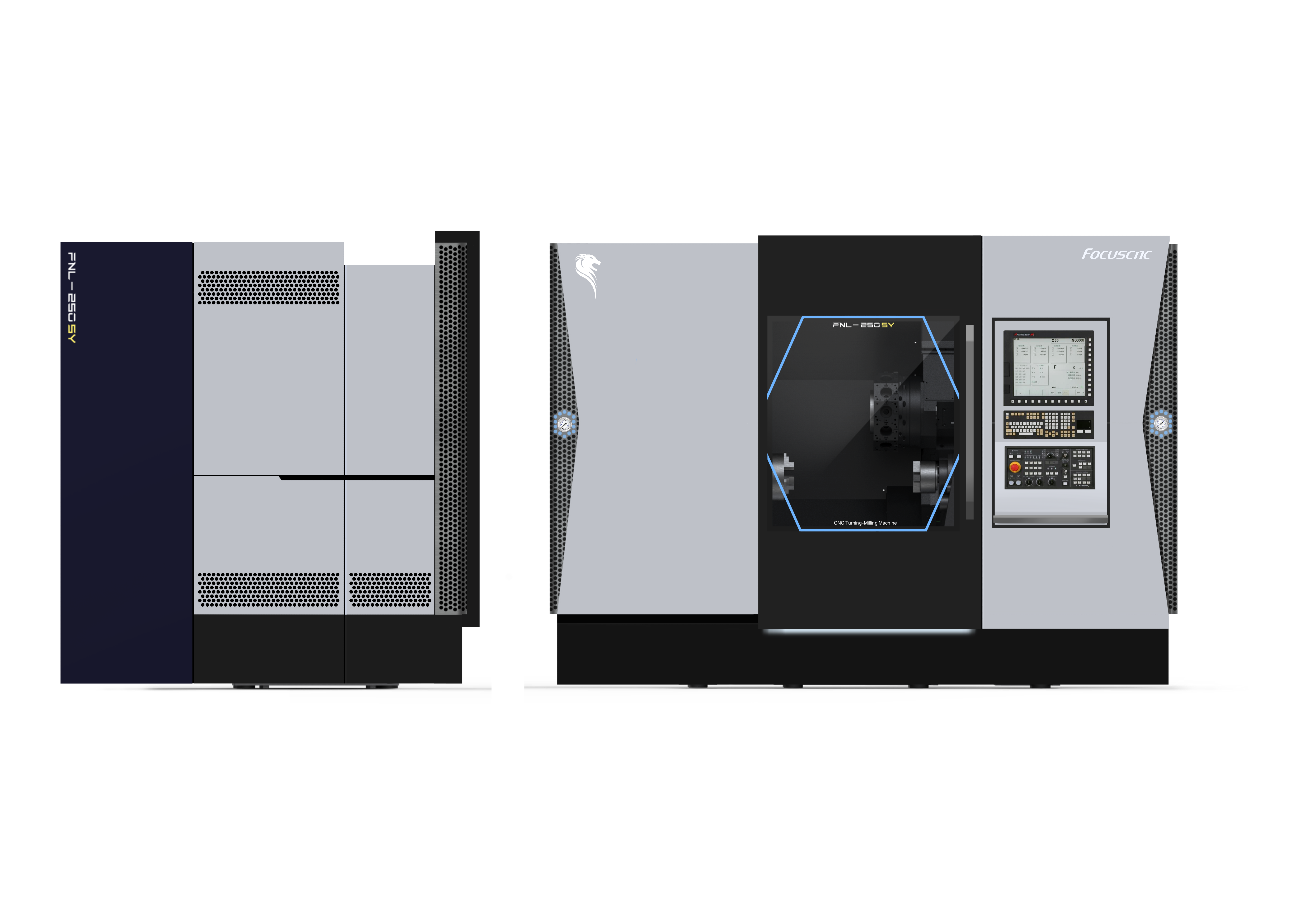 福碩科技 FBL-320SY 車銑複合機設計 - 俐落線條與非對稱幾何造型提案 - 形碩板金設計 - 應用 LED 狀態矩陣與科技感語彙之工具機外觀演繹 - CNC 工具機品牌家族化視覺系統開發 - 福碩科技獅頭標誌飾板設計