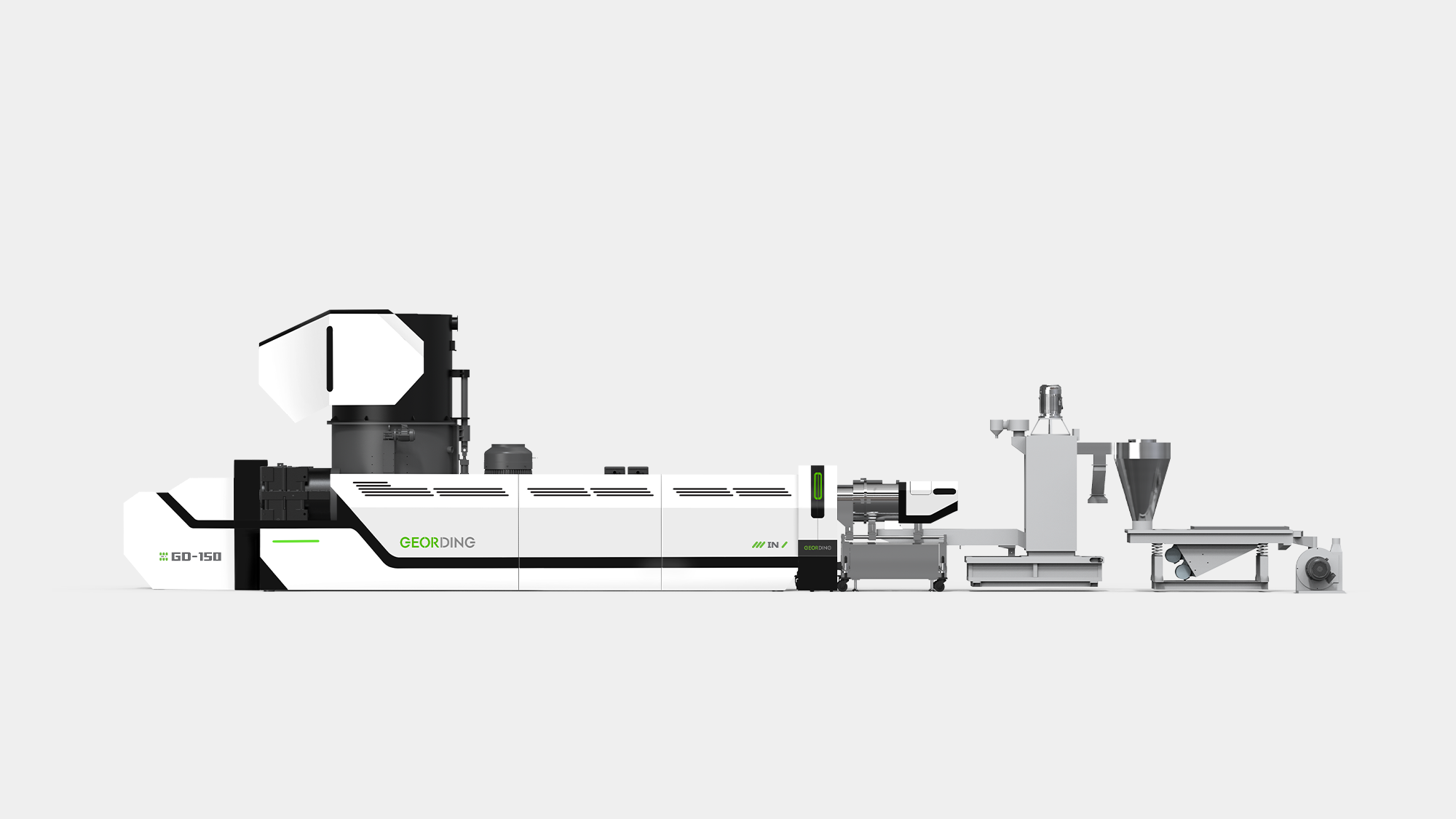 塑料回收機設計-久鼎機械GD-350三機一體外觀優化 重型料管蓋輕量化手掀機構設計-形碩板金設計 循環經濟設備品牌識別設計-像素燈號與方形散熱孔 形碩設計-高階造粒機板金DFM開發實務