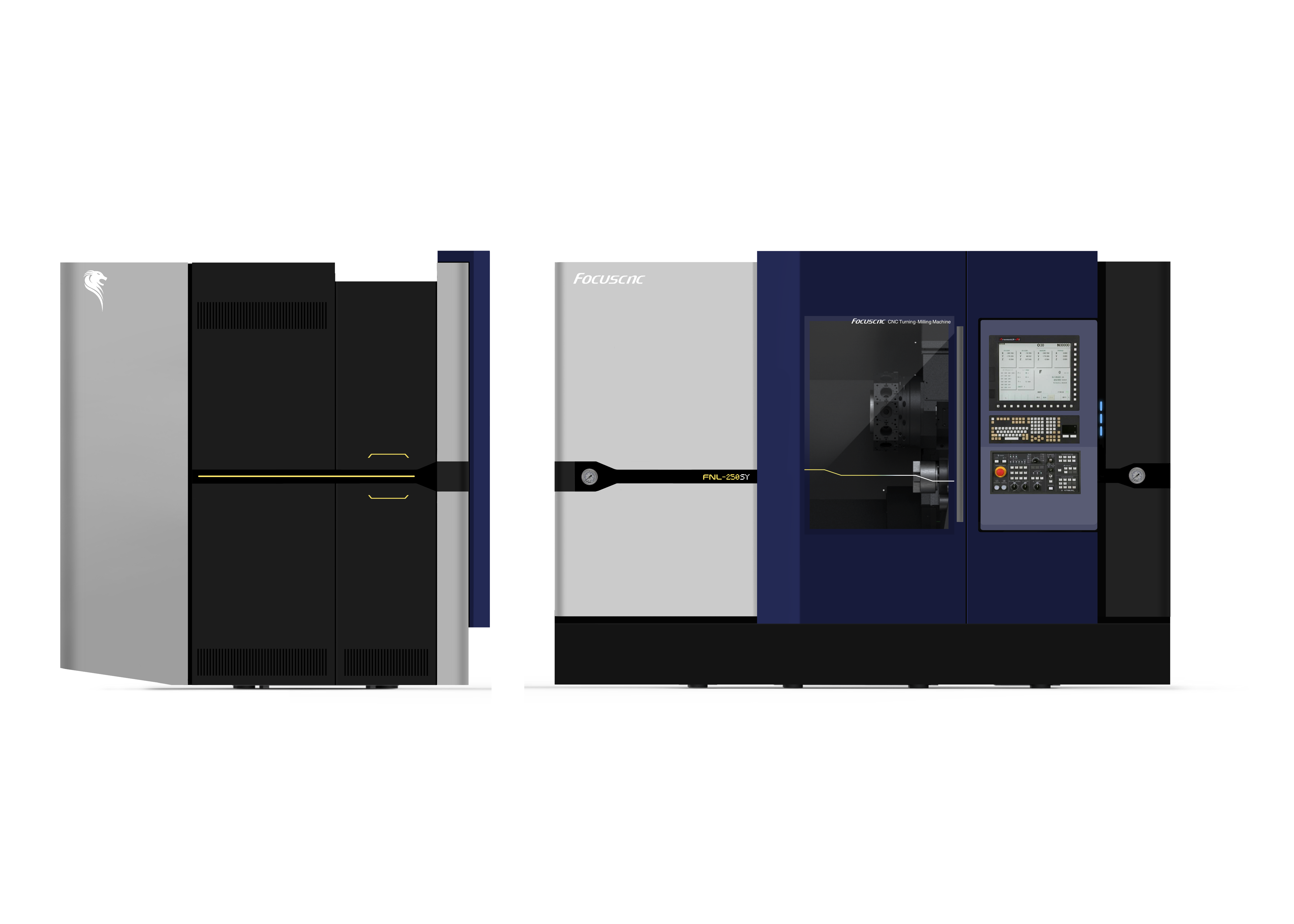 福碩科技 FBL-320SY 車銑複合機設計 - 俐落線條與非對稱幾何造型提案 - 形碩板金設計 - 應用 LED 狀態矩陣與科技感語彙之工具機外觀演繹 - CNC 工具機品牌家族化視覺系統開發 - 福碩科技獅頭標誌飾板設計