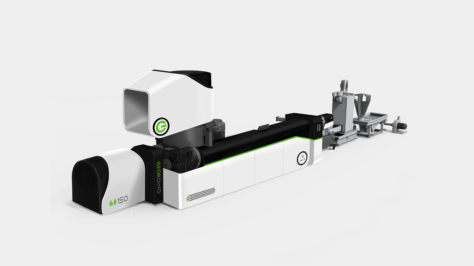 塑料回收機設計-久鼎機械GD-350三機一體外觀優化 重型料管蓋輕量化手掀機構設計-形碩板金設計 循環經濟設備品牌識別設計-像素燈號與方形散熱孔 形碩設計-高階造粒機板金DFM開發實務